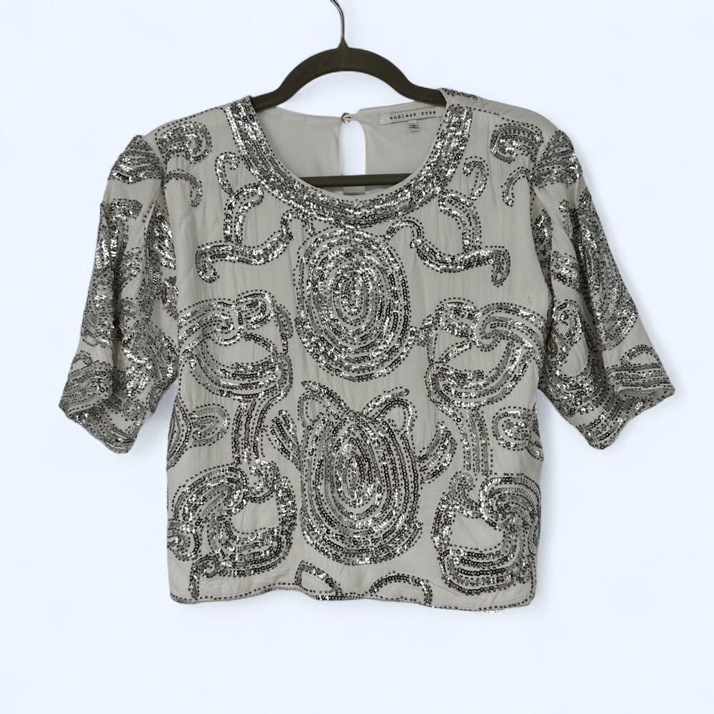 Art Deco Sequin Crop Top Silver Metallic Shimmer Swirl Short Sleeve Blouse